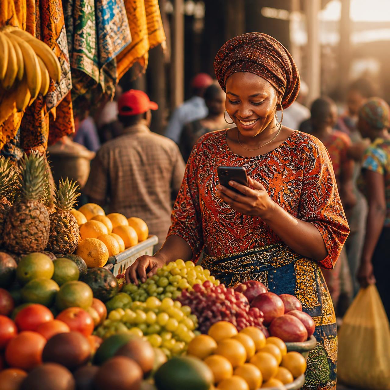 A local merchant in a busy Dar es Salaam market checking a SILABI business message on her phone in bright daylight